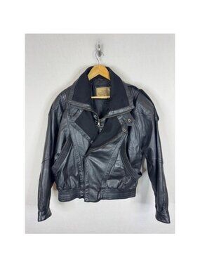 Midway Vintage 80s Mens M Black Leather Bomber Jacket Double Collar Epaulets